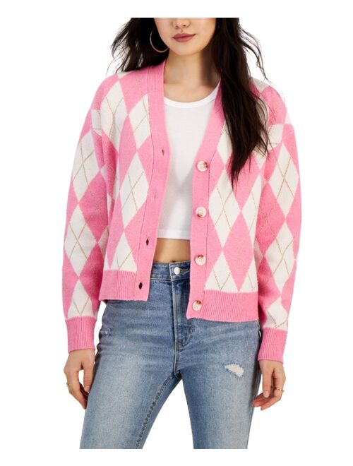 Hooked Up by IOT Juniors' Metallic Argyle V-Neck Cardigan