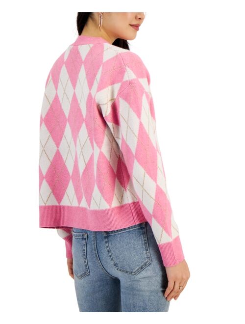 Hooked Up by IOT Juniors' Metallic Argyle V-Neck Cardigan