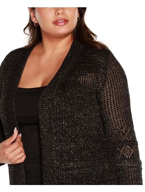 Belldini Plus Size Lurex Pointelle Open-Front Cardigan Sweater