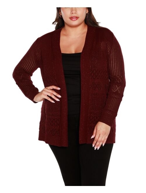 Belldini Plus Size Lurex Pointelle Open-Front Cardigan Sweater