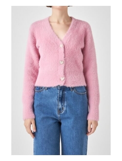 Women's Feathered Plush Heart Buttoned Cardigan