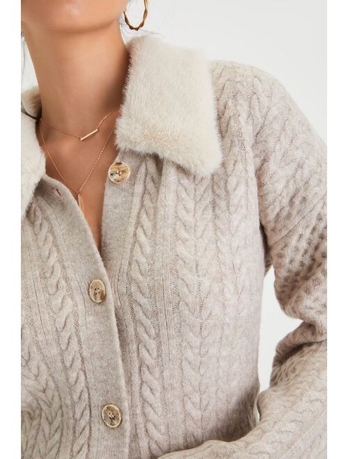 Lulus Cozy Luxury Taupe Cable Knit Faux Fur Collared Cardigan