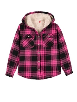 ZENTHACE Girls Hooded Plaid Flannel Shirt Jacket with Hand Pockets,Sherpa Lined Button Down Flannel Shacket Jacket