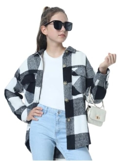 Mebius Girls Shacket Jacket Long Sleeve Plaid/Corduroy Color Block Button Down Casual Collared Shirt with Pocket