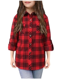 Yoklass Girls Plaid Button Down Shirts Western Shirts Kids Long Sleeve Casual Collared Blouses 3-14Y