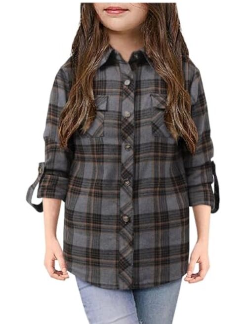 Yoklass Girls Plaid Button Down Shirts Western Shirts Kids Long Sleeve Casual Collared Blouses 3-14Y