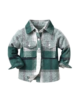 OBEEII Toddler Boys Girls Plaid Flannel Shirts Jacket Long Sleeve Lapel Button Down Shacket Fall Outerwear for Kids