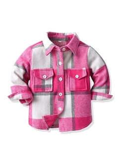 OBEEII Toddler Boys Girls Plaid Flannel Shirts Jacket Long Sleeve Lapel Button Down Shacket Fall Outerwear for Kids