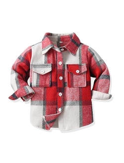 OBEEII Toddler Boys Girls Plaid Flannel Shirts Jacket Long Sleeve Lapel Button Down Shacket Fall Outerwear for Kids