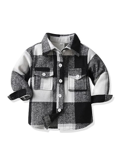 OBEEII Toddler Boys Girls Plaid Flannel Shirts Jacket Long Sleeve Lapel Button Down Shacket Fall Outerwear for Kids