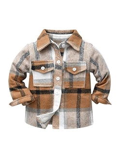 OBEEII Toddler Boys Girls Plaid Flannel Shirts Jacket Long Sleeve Lapel Button Down Shacket Fall Outerwear for Kids