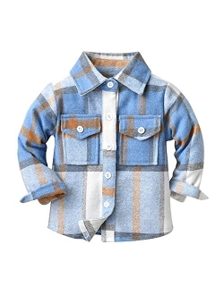 OBEEII Toddler Boys Girls Plaid Flannel Shirts Jacket Long Sleeve Lapel Button Down Shacket Fall Outerwear for Kids