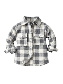 OBEEII Toddler Boys Girls Plaid Flannel Shirts Jacket Long Sleeve Lapel Button Down Shacket Fall Outerwear for Kids