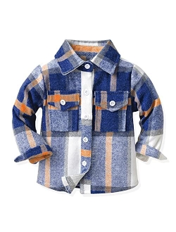 OBEEII Toddler Boys Girls Plaid Flannel Shirts Jacket Long Sleeve Lapel Button Down Shacket Fall Outerwear for Kids