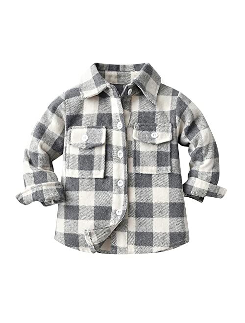 OBEEII Toddler Boys Girls Plaid Flannel Shirts Jacket Long Sleeve Lapel Button Down Shacket Fall Outerwear for Kids