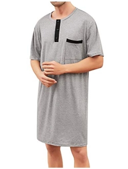 Enjoyoself Men's Nightshirt Nightwear Comfort Cotton Sleep Shirt Henley Short Sleeve Lounge Sleepwear