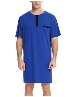 Enjoyoself Men's Nightshirt Nightwear Comfort Cotton Sleep Shirt Henley Short Sleeve Lounge Sleepwear