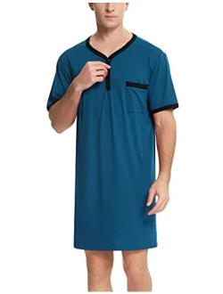 Enjoyoself Men's Nightshirt Nightwear Comfort Cotton Sleep Shirt Henley Short Sleeve Lounge Sleepwear