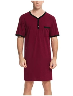 Enjoyoself Men's Nightshirt Nightwear Comfort Cotton Sleep Shirt Henley Short Sleeve Lounge Sleepwear