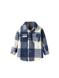 Tempura Kids Girl Plaid Shirt Jacket Casual Lapel Neck Long Sleeve Button Down Fleece Jacket with Breast Pockets