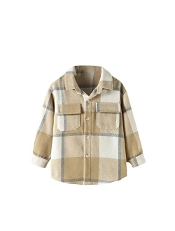 Tempura Kids Girl Plaid Shirt Jacket Casual Lapel Neck Long Sleeve Button Down Fleece Jacket with Breast Pockets