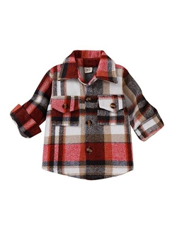 Tempura Kids Girl Plaid Shirt Jacket Casual Lapel Neck Long Sleeve Button Down Fleece Jacket with Breast Pockets