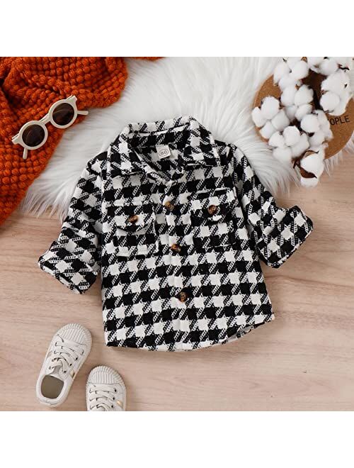 Tempura Kids Girl Plaid Shirt Jacket Casual Lapel Neck Long Sleeve Button Down Fleece Jacket with Breast Pockets