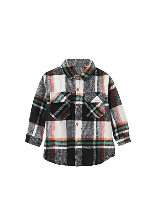 Youweixiong Kids Girls Plaid Button Down Shirt Long Sleeve Sweater Shacket Jacket Coat Warm Blouse Casual Outwear with Pocket