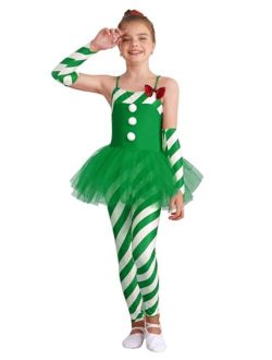 Xnihocha Girls Christmas Dance Costume Candy Cane Striped Bodysuit Jumpsuit Xmas Mrs Claus Gymnastic Tutu Skirt Leotard