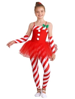 Xnihocha Girls Christmas Dance Costume Candy Cane Striped Bodysuit Jumpsuit Xmas Mrs Claus Gymnastic Tutu Skirt Leotard