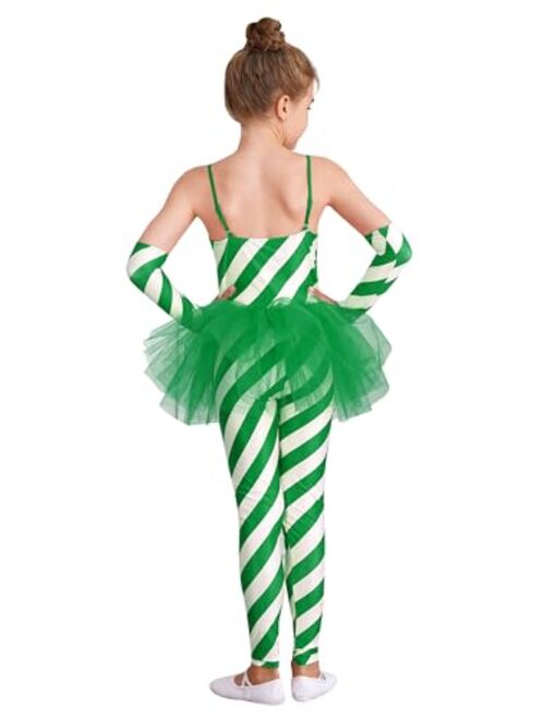 Xnihocha Girls Christmas Dance Costume Candy Cane Striped Bodysuit Jumpsuit Xmas Mrs Claus Gymnastic Tutu Skirt Leotard