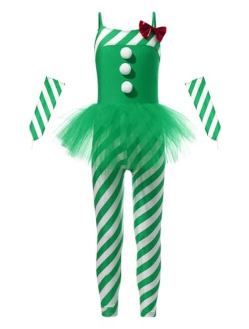 Xnihocha Girls Christmas Dance Costume Candy Cane Striped Bodysuit Jumpsuit Xmas Mrs Claus Gymnastic Tutu Skirt Leotard