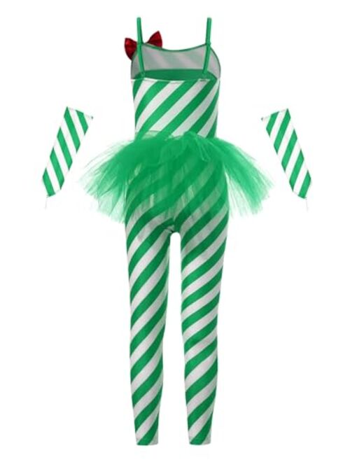 Xnihocha Girls Christmas Dance Costume Candy Cane Striped Bodysuit Jumpsuit Xmas Mrs Claus Gymnastic Tutu Skirt Leotard