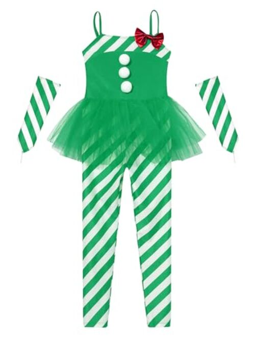 Xnihocha Girls Christmas Dance Costume Candy Cane Striped Bodysuit Jumpsuit Xmas Mrs Claus Gymnastic Tutu Skirt Leotard