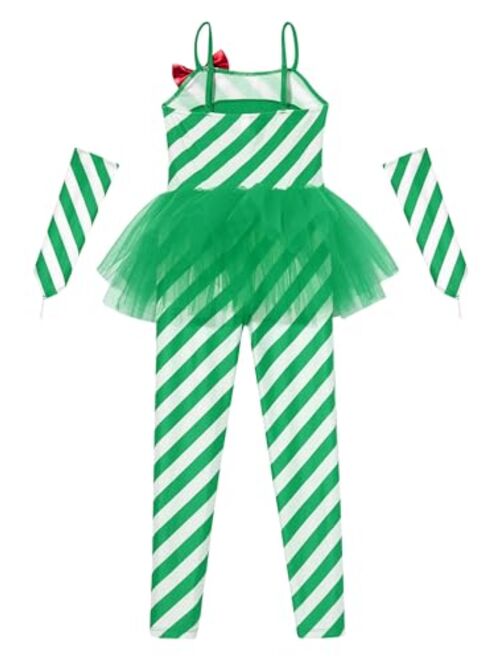 Xnihocha Girls Christmas Dance Costume Candy Cane Striped Bodysuit Jumpsuit Xmas Mrs Claus Gymnastic Tutu Skirt Leotard