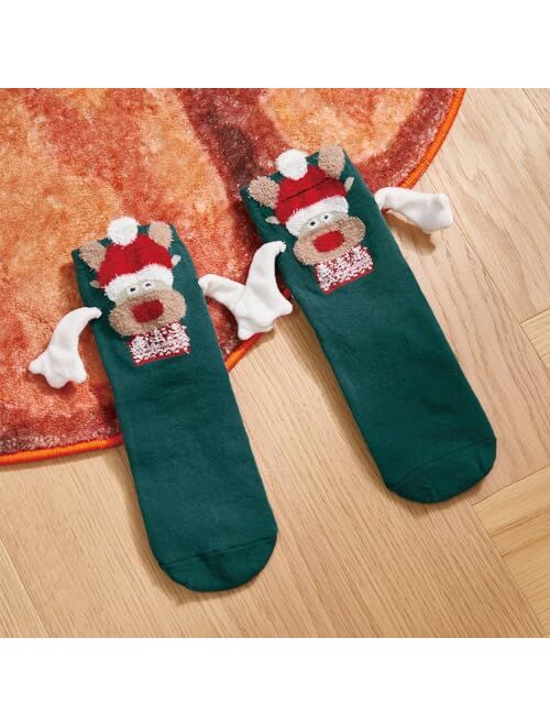 Honganda Funny Couple Holding Hands Socks Fuzzy Bear Christmas Magnetic Socks Mid-Calf Socks for Women Men Novelty Xmas Gift