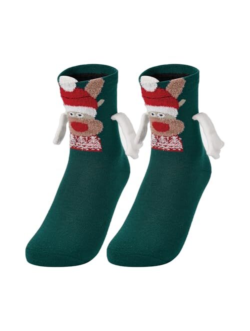 Honganda Funny Couple Holding Hands Socks Fuzzy Bear Christmas Magnetic Socks Mid-Calf Socks for Women Men Novelty Xmas Gift