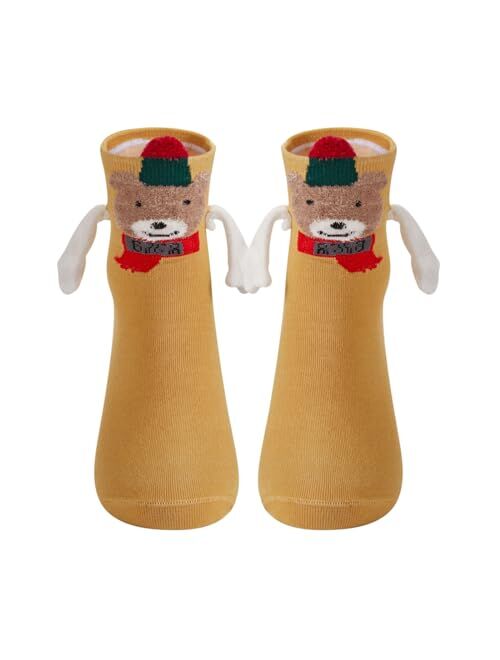 Honganda Funny Couple Holding Hands Socks Fuzzy Bear Christmas Magnetic Socks Mid-Calf Socks for Women Men Novelty Xmas Gift