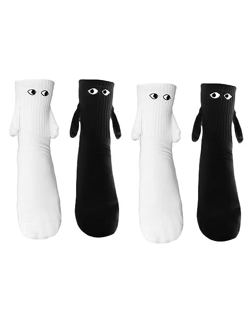 Thaisu 2Pairs Holding Hands Socks,3D Mid-tube Cute Socks,Couple Magnetic Hand Socks,Big Eye Socks for Couples Friends Sisters