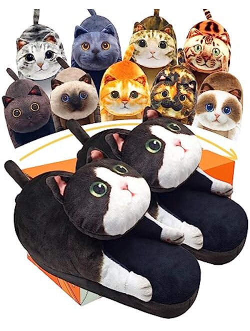 Infaccial Fuzzy Cat Slippers for Women Indoor and Outdoor,Funny Animal House Shoes with Soft Memory Foam,Comfy Plush Warm Slip-on Slippers,Unique Cat Gifts for Women/Men/