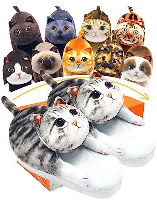 Infaccial Fuzzy Cat Slippers for Women Indoor and Outdoor,Funny Animal House Shoes with Soft Memory Foam,Comfy Plush Warm Slip-on Slippers,Unique Cat Gifts for Women/Men/