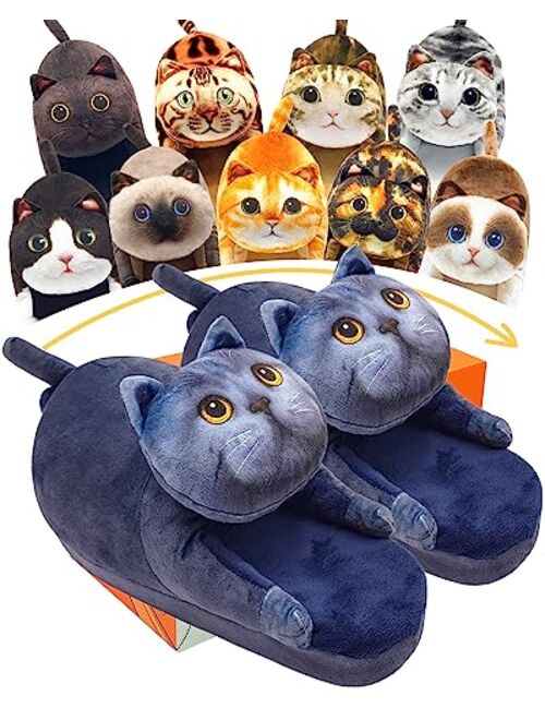 Infaccial Fuzzy Cat Slippers for Women Indoor and Outdoor,Funny Animal House Shoes with Soft Memory Foam,Comfy Plush Warm Slip-on Slippers,Unique Cat Gifts for Women/Men/