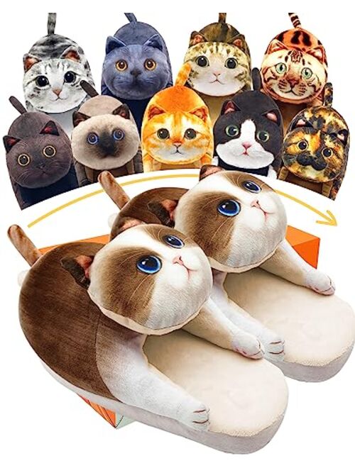 Infaccial Fuzzy Cat Slippers for Women Indoor and Outdoor,Funny Animal House Shoes with Soft Memory Foam,Comfy Plush Warm Slip-on Slippers,Unique Cat Gifts for Women/Men/