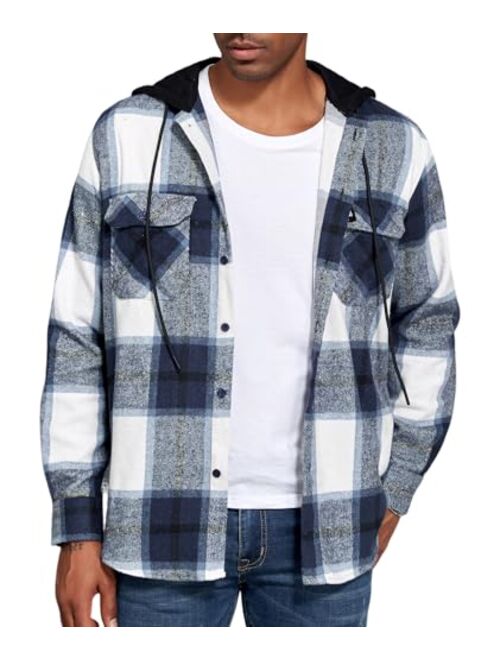 Deer Lady 2023 Flannel Hoodies for Men Casual Button Down Flannel Shirts Long Sleeve Lightweight Hooded Jackets Shirts