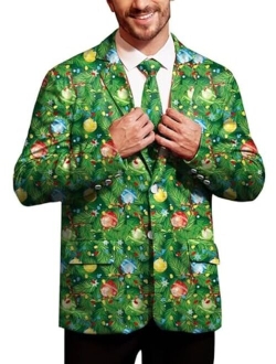 Arvilhill Mens Christmas Ugly Blazer 3D Graphic Print Long Sleeve Suit Jacket with Tie