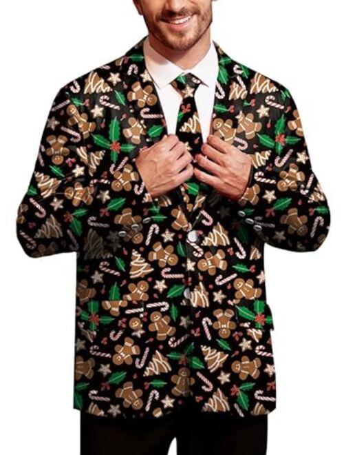 Arvilhill Mens Christmas Ugly Blazer 3D Graphic Print Long Sleeve Suit Jacket with Tie