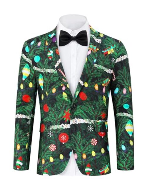 TURETRENDY Men's Christmas Blazer Jacket Xmas Funny Ugly Casual One Button Holiday Suit