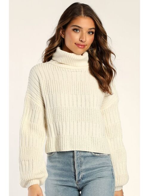 Lulus Perfectly Content Ivory Chenille Turtleneck Sweater