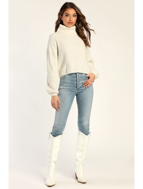 Lulus Perfectly Content Ivory Chenille Turtleneck Sweater