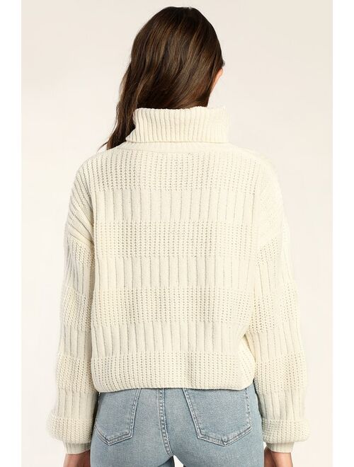 Lulus Perfectly Content Ivory Chenille Turtleneck Sweater